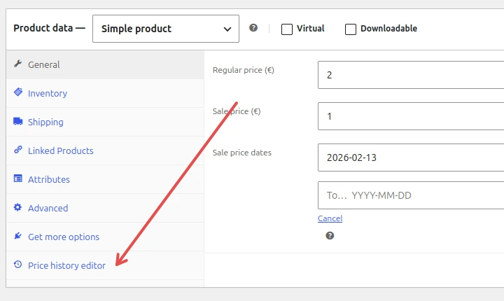 Image showing left product menu on Woocommerce Edit Product screen with arrow pointing at Price history editor